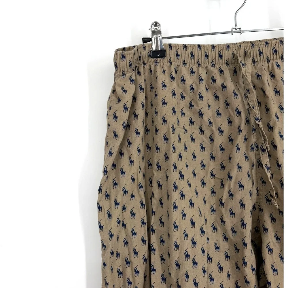 Polo Ralph Lauren Mens Pajama Pants Tan Navy Blue Pony All Over Print Cotton L